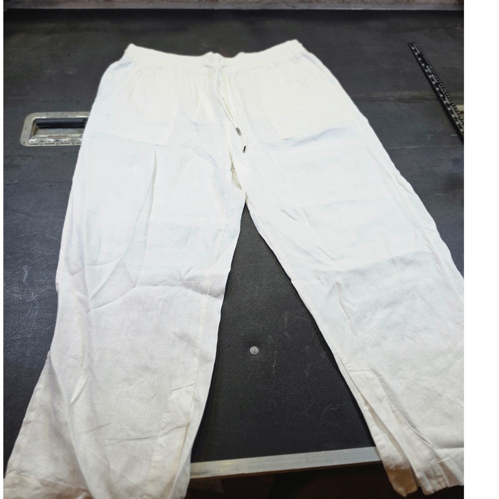 Athleta White Linen Blend Drawstring Pants Size 18 Elastic Waist Relaxed Fit